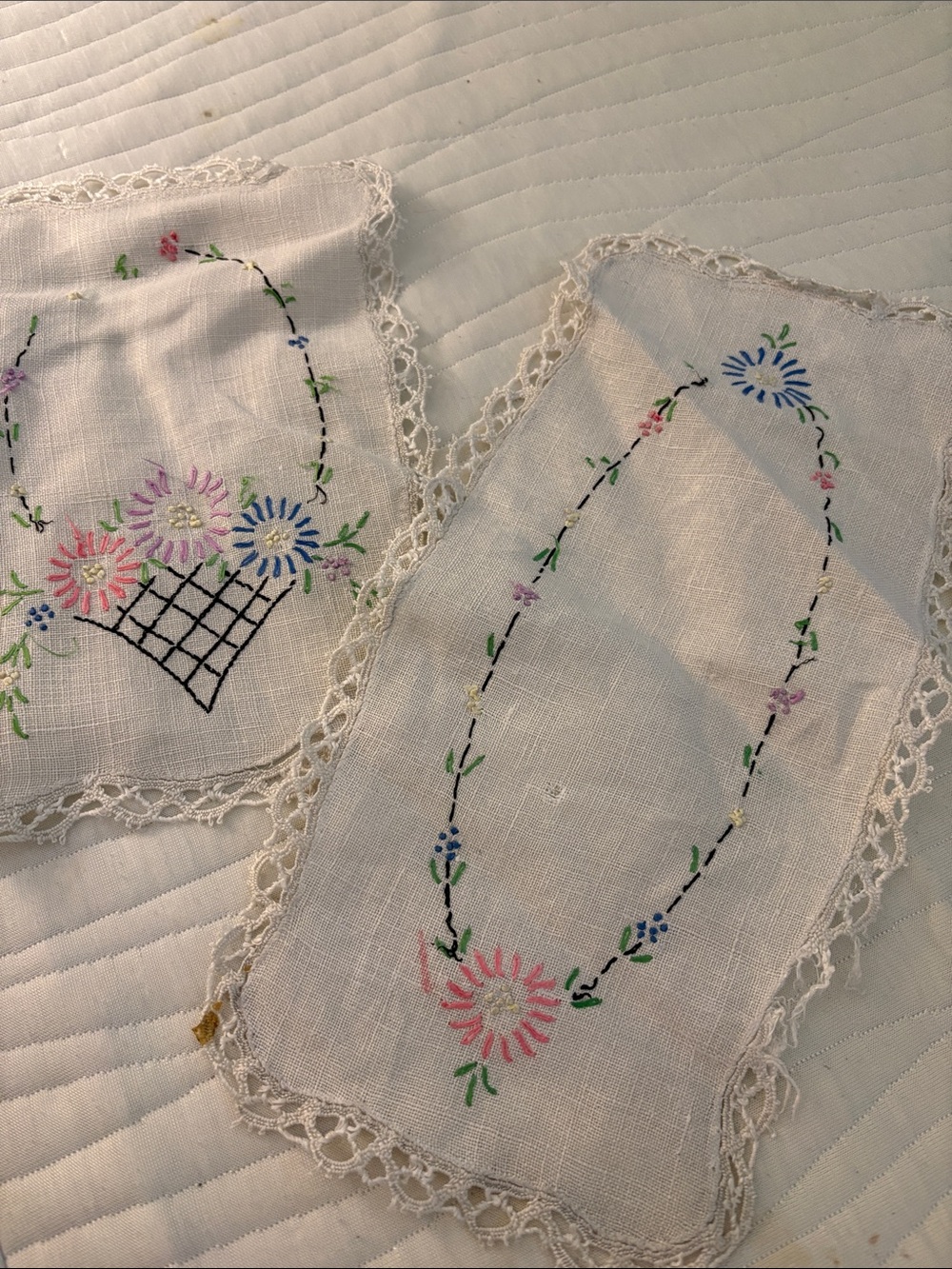 Embroidered Floral Linen Doilies with Lace Trim